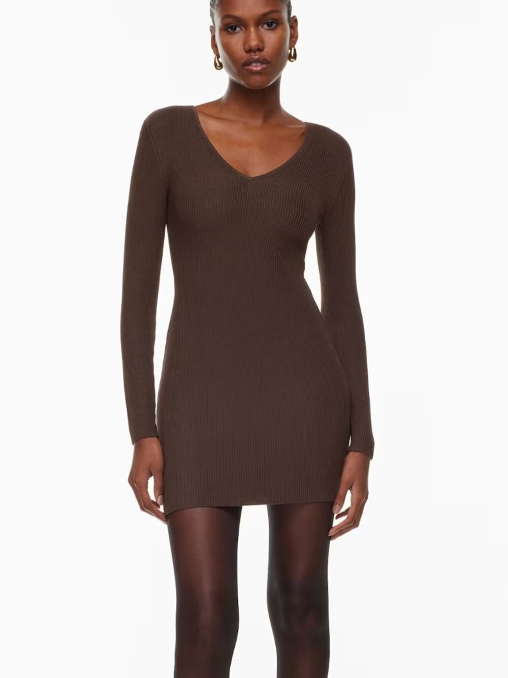 Babaton Chocolate Brown Ribbed V-Neck Long Sleeve Dress